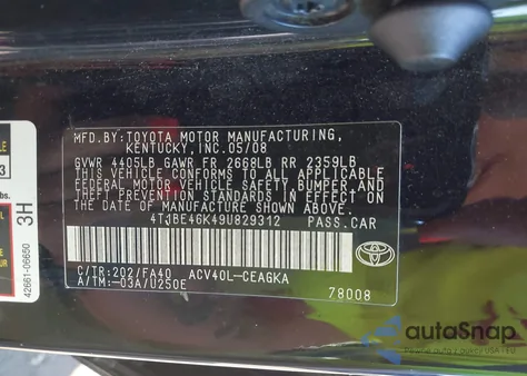 2009 Toyota Camry Xle from USA, damaged, VIN 4T1BE46K49U829312